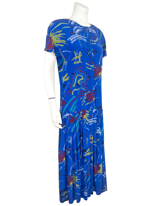 Blue Silk Printed Drop Waist Dress