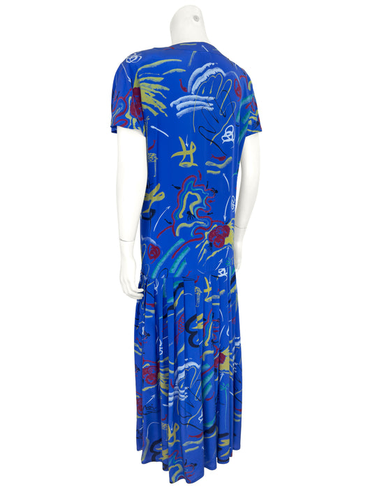 Blue Silk Printed Drop Waist Dress