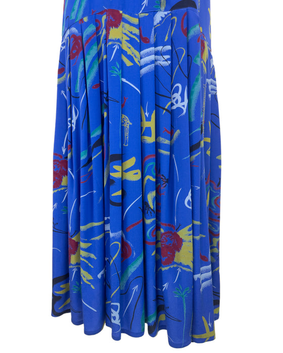 Blue Silk Printed Drop Waist Dress