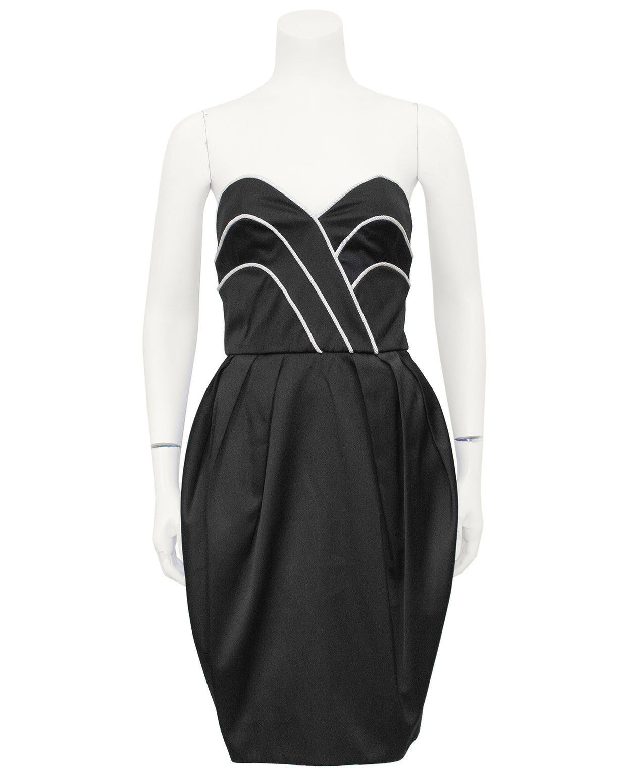 Black Satin Cocktail Dress with White Piping – Vintage Couture