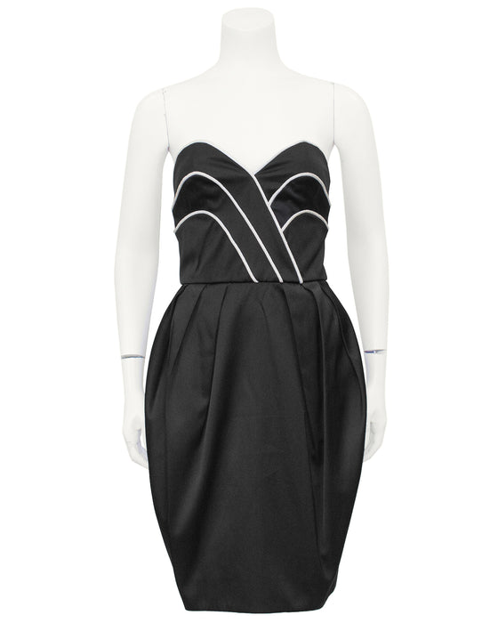 Black Satin Cocktail Dress with White Piping