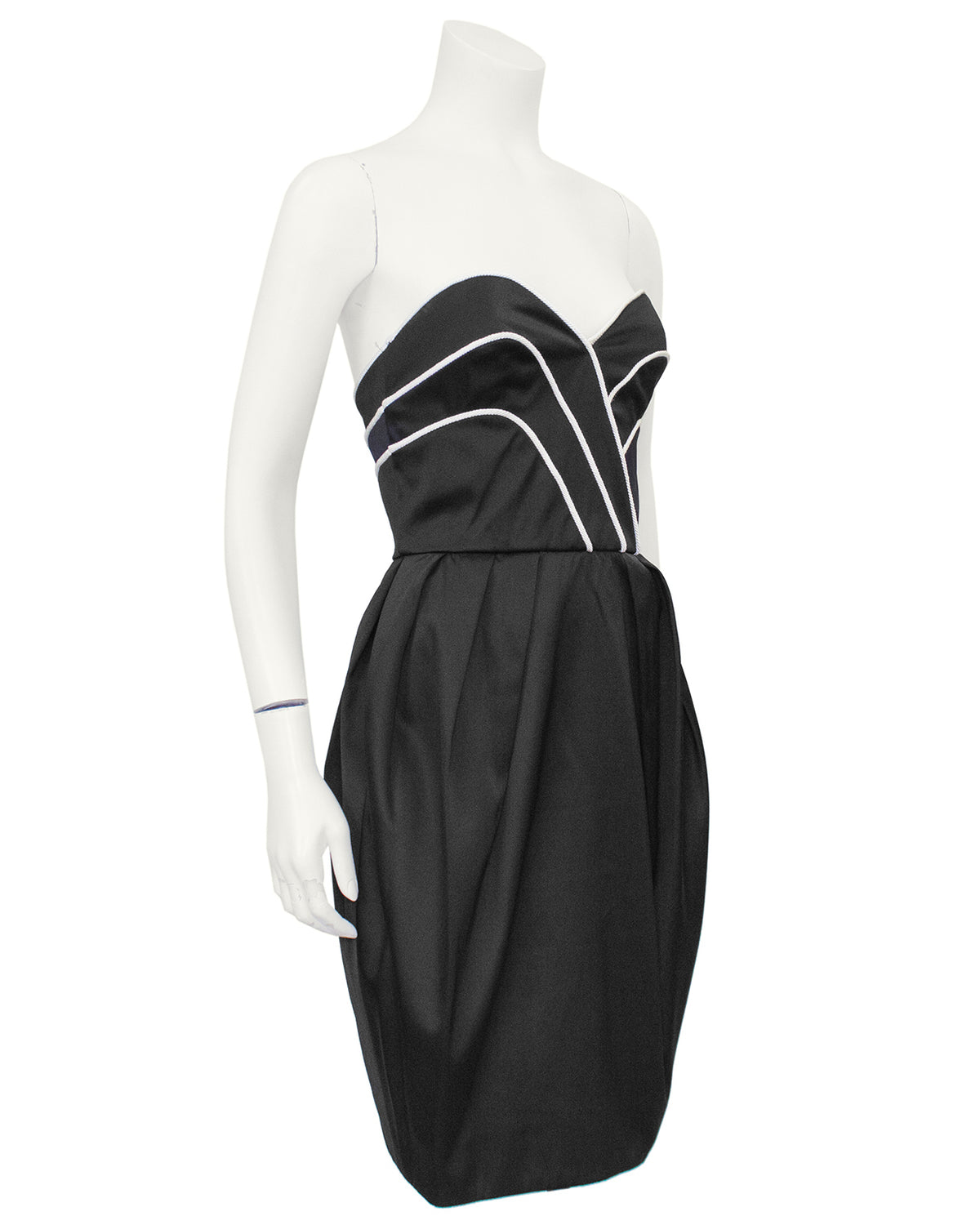 Black Satin Cocktail Dress with White Piping  Vintage Couture