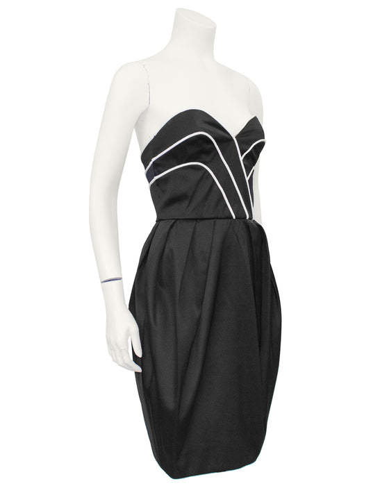 Black Satin Cocktail Dress with White Piping