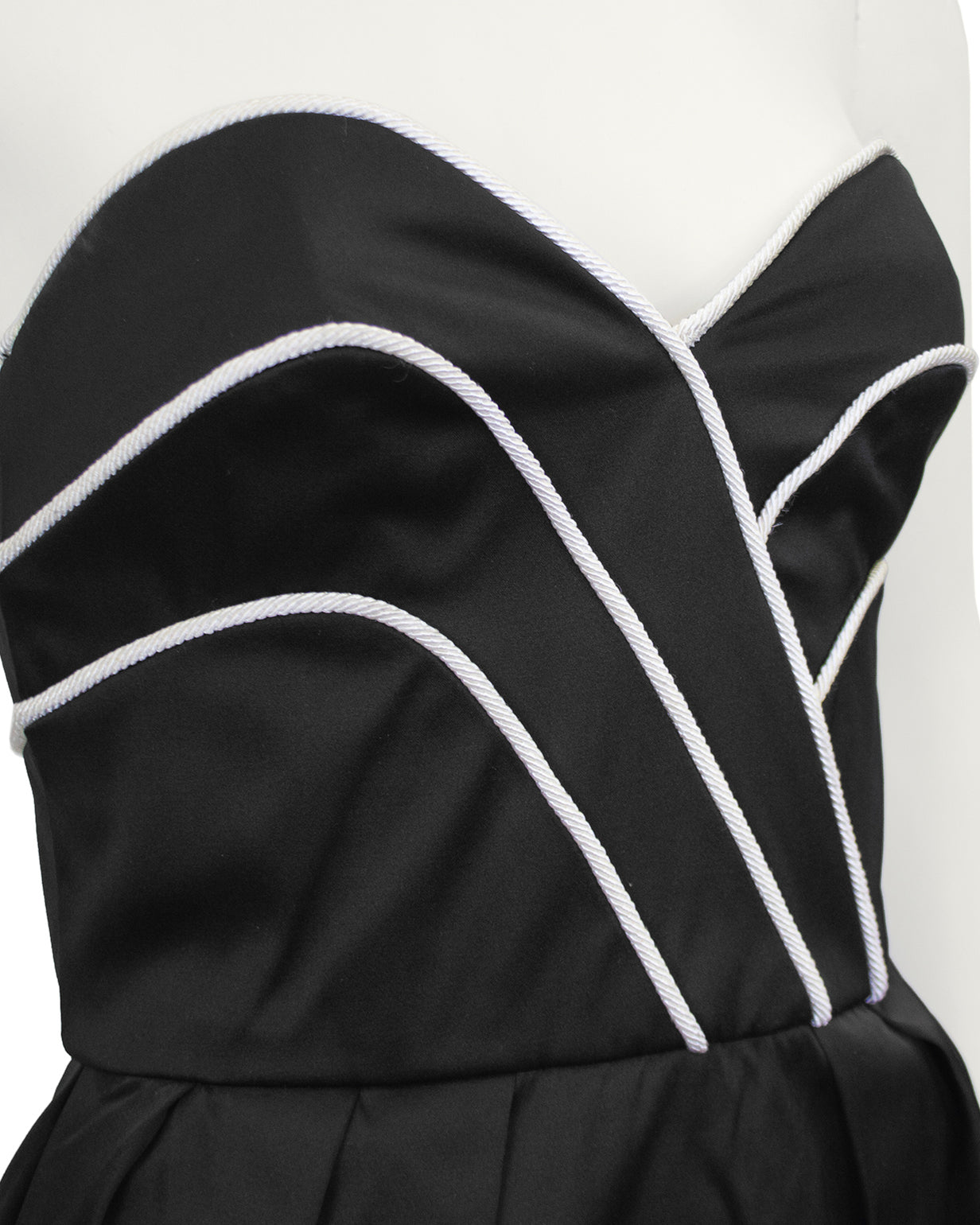 Black Satin Cocktail Dress with White Piping – Vintage Couture
