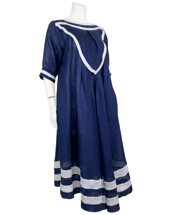 Navy Blue Sailor Style Linen Dress Vintage Couture Navy Blue Sailor Style Linen Dress Vintage Couture