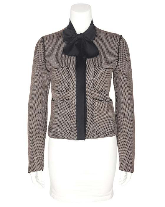 Beige & Black Waffle Knit Jacket with Bow