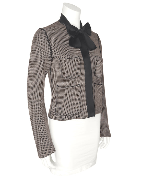 Beige & Black Waffle Knit Jacket with Bow