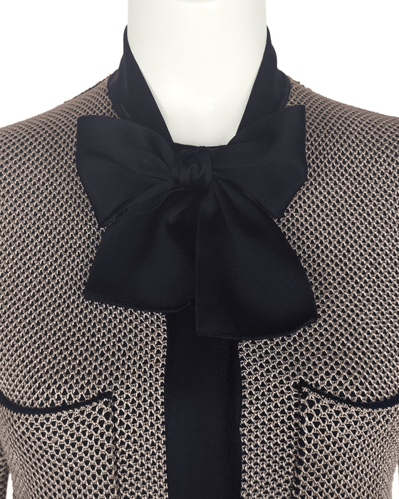 Beige & Black Waffle Knit Jacket with Bow