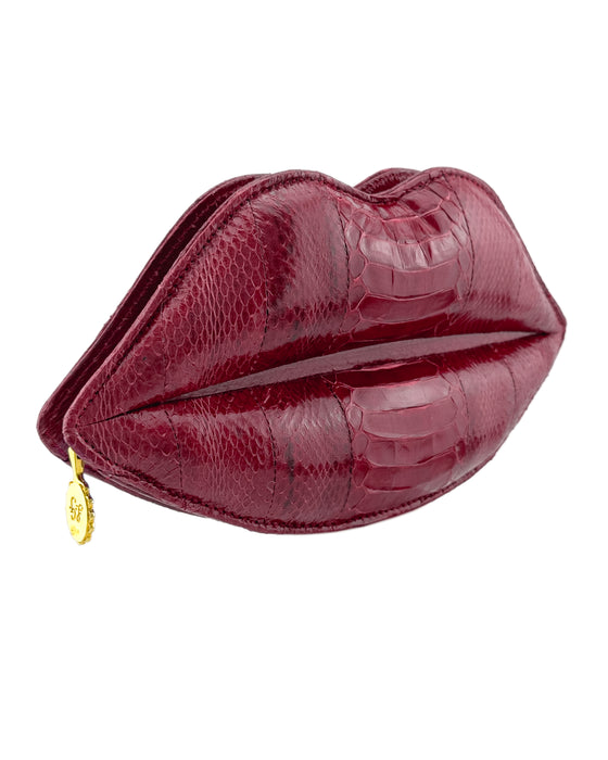 Maroon Textured Leather Lip Clutch