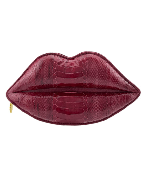 Maroon Textured Leather Lip Clutch