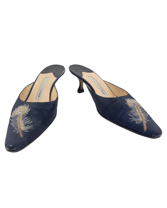 Feather Embroidered Kitten Heel Mules