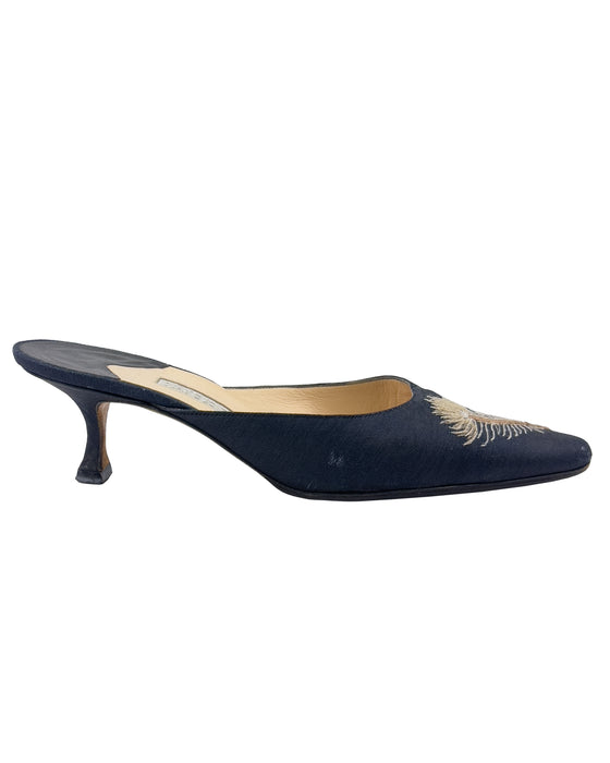 Feather Embroidered Kitten Heel Mules