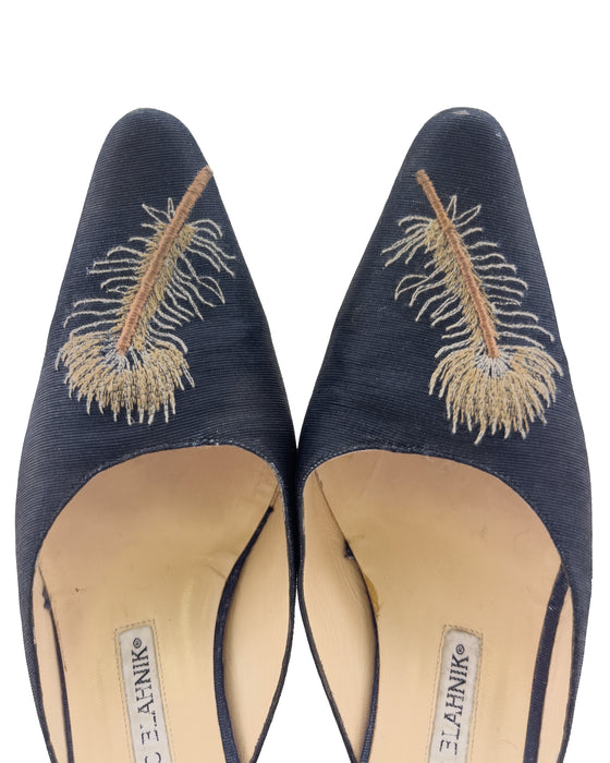 Feather Embroidered Kitten Heel Mules