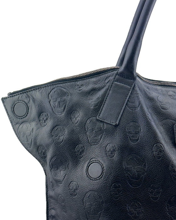 Black Leather Skull Embossed De Manta Tote Bag