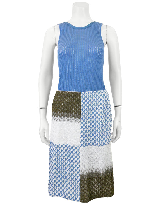 Blue, White, and Green Dress and Cardigan Ensemble