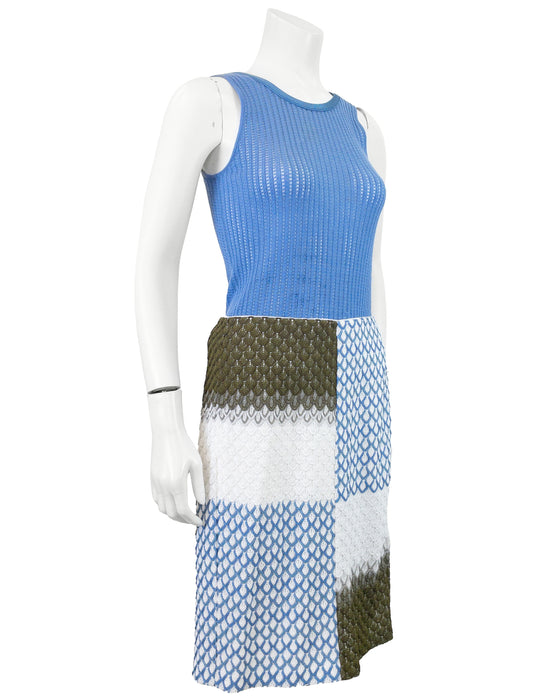 Blue, White, and Green Dress and Cardigan Ensemble