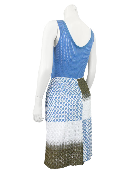 Blue, White, and Green Dress and Cardigan Ensemble
