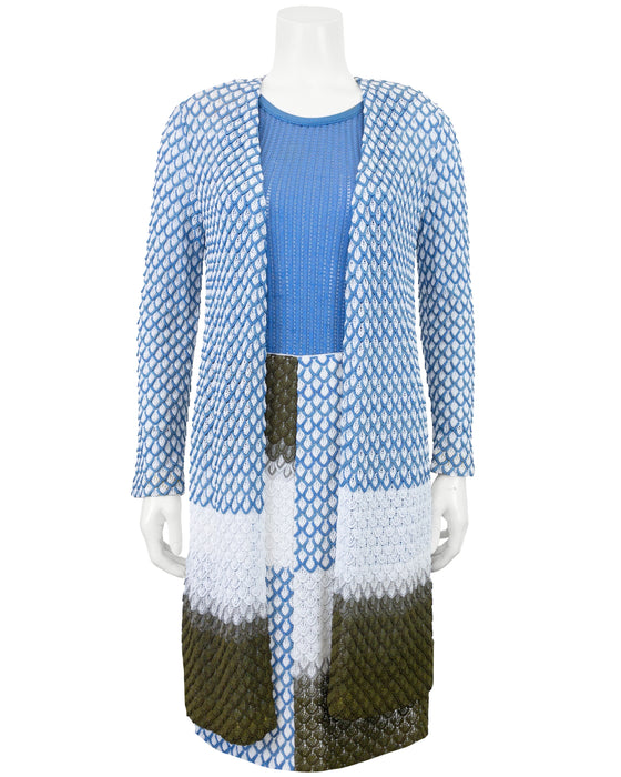 Blue, White, and Green Dress and Cardigan Ensemble