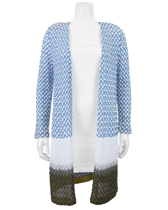 Blue, White, and Green Dress and Cardigan Ensemble