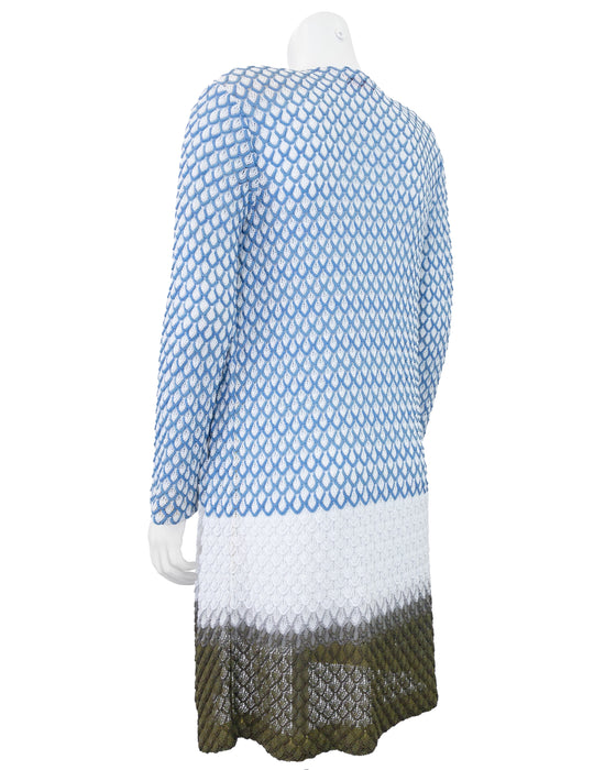 Blue, White, and Green Dress and Cardigan Ensemble