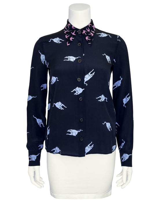 Navy Blue Cat and Bird Print Silk Blouse
