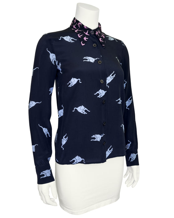 Navy Blue Cat and Bird Print Silk Blouse