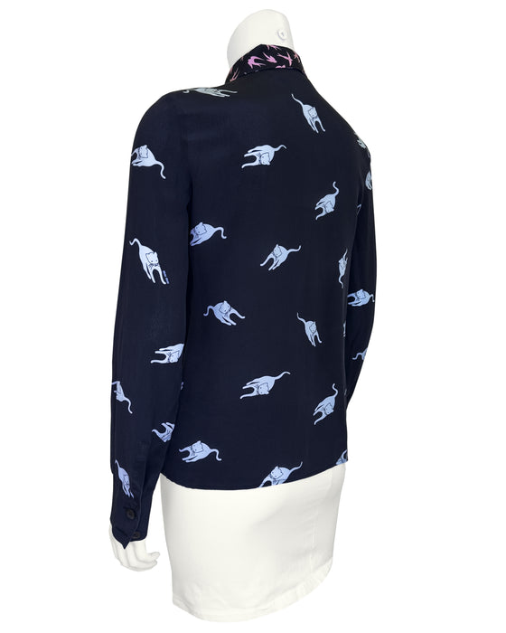 Navy Blue Cat and Bird Print Silk Blouse
