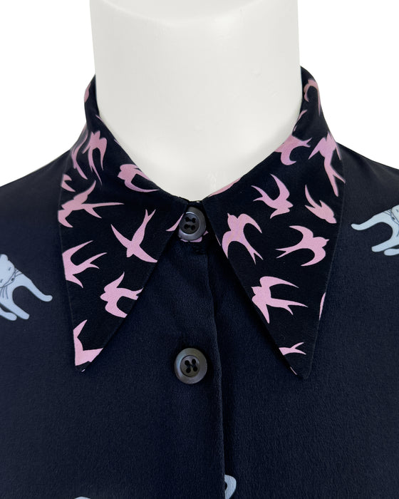 Navy Blue Cat and Bird Print Silk Blouse