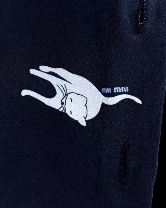Navy Blue Cat and Bird Print Silk Blouse