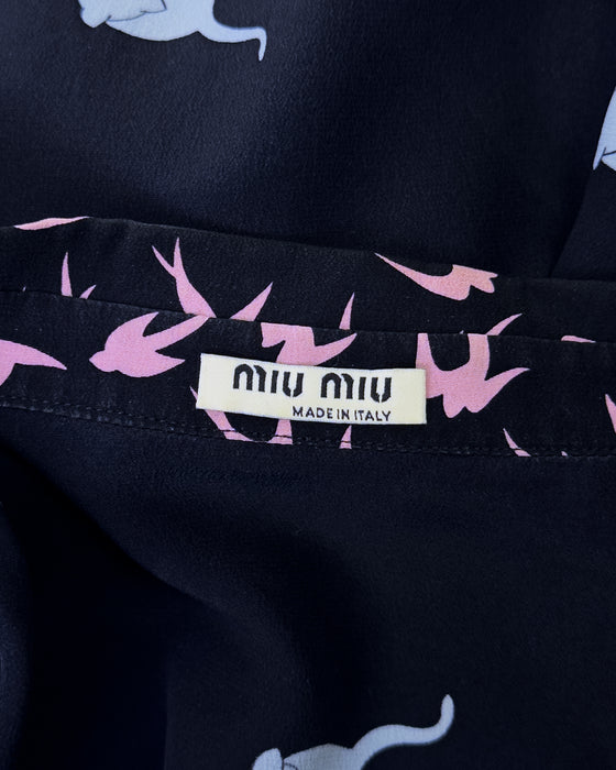 Navy Blue Cat and Bird Print Silk Blouse