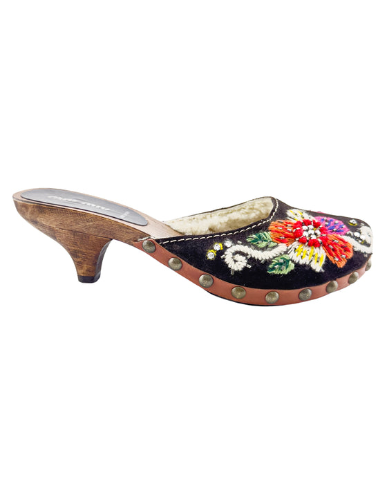 Brown Embroidered Wooden Kitten Heel Clogs