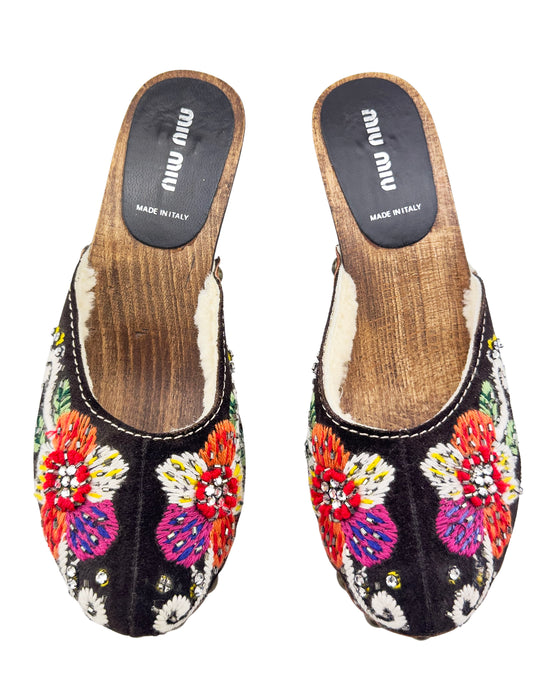 Brown Embroidered Wooden Kitten Heel Clogs
