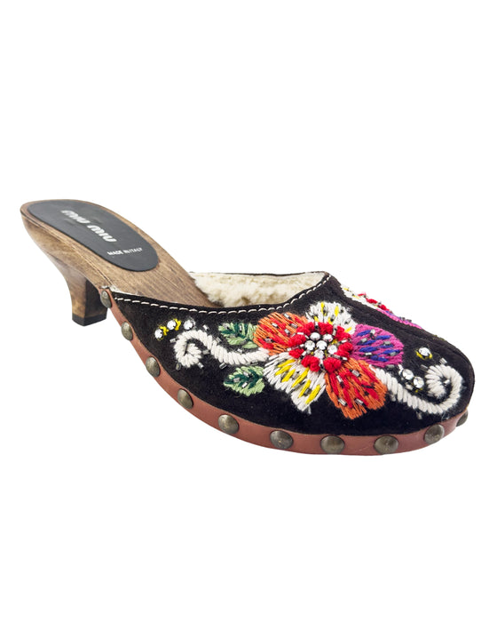 Brown Embroidered Wooden Kitten Heel Clogs