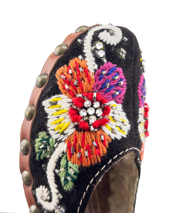 Brown Embroidered Wooden Kitten Heel Clogs