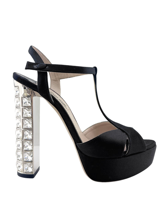 Black Satin Platforms with Crystal Embellished Heels