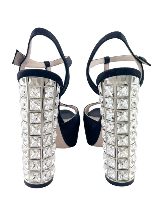 Black Satin Platforms with Crystal Embellished Heels