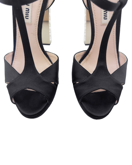 Black Satin Platforms with Crystal Embellished Heels