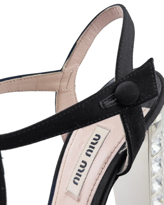 Black Satin Platforms with Crystal Embellished Heels