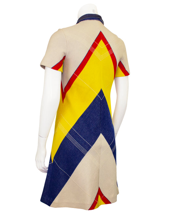 Yellow, Blue and Red Chevron Collared Shift Dress