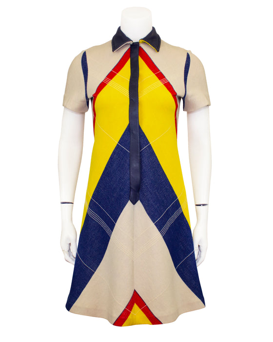 Yellow, Blue and Red Chevron Collared Shift Dress