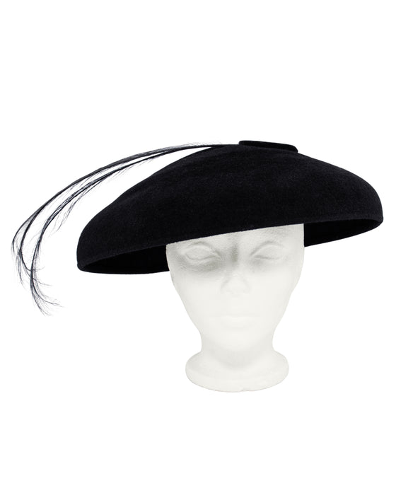 Black Felt Saucer Hat with Feathers