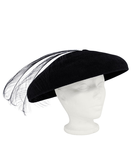 Black Felt Saucer Hat with Feathers