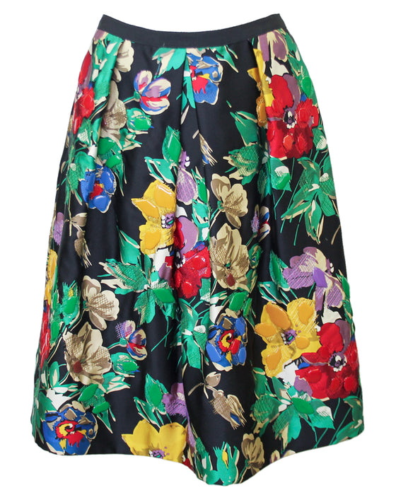 Black, Green, Red and Yellow Floral Silk Skirt