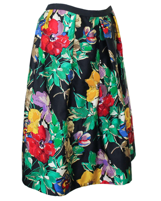 Black, Green, Red and Yellow Floral Silk Skirt