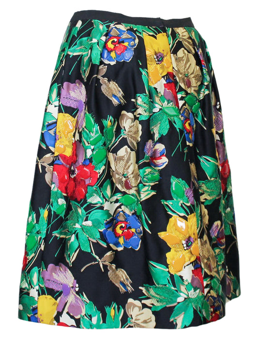 Black, Green, Red and Yellow Floral Silk Skirt