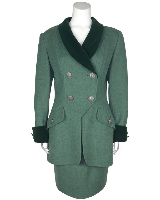 Green Wool and Velvet Skirt Suit