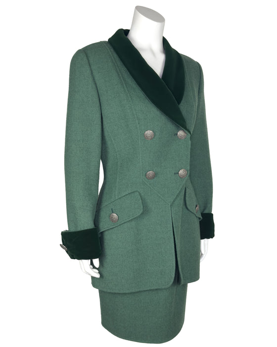 Green Wool and Velvet Skirt Suit