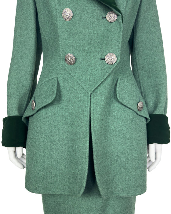 Green Wool and Velvet Skirt Suit