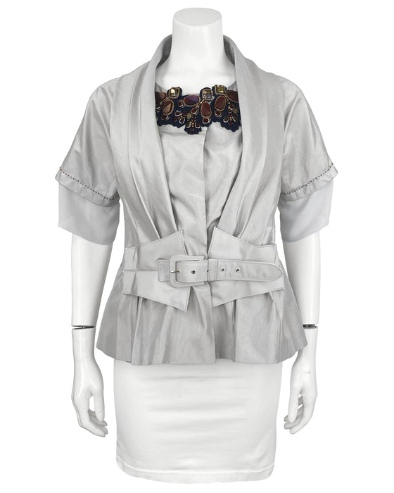 Grey Jewel Embellished Silk Taffeta Peplum Top
