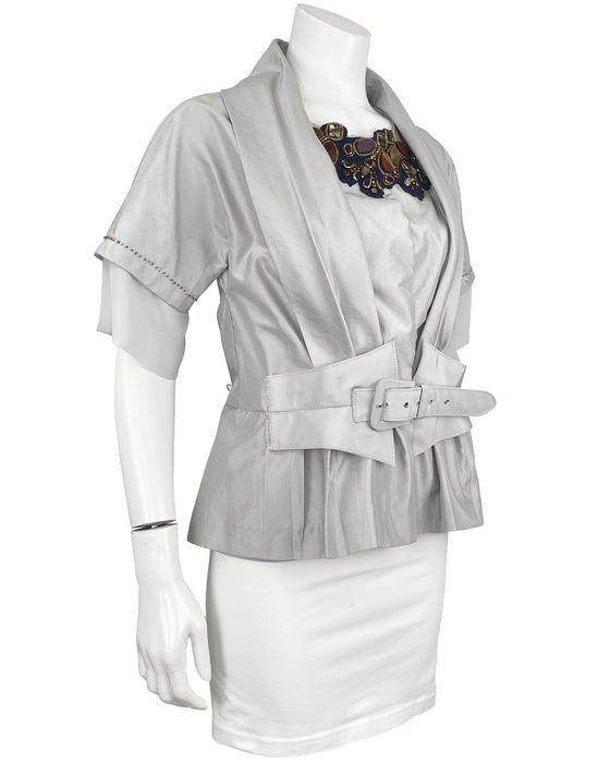 Grey Jewel Embellished Silk Taffeta Peplum Top